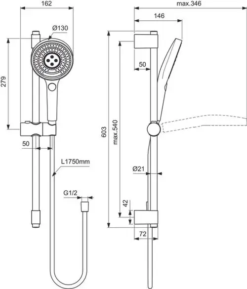 Brausekombination von Ideal Standard, bestehend aus einer Handbrause und einem Schlauch, mit Montagevorrichtung und verstellbarem Halter, in einem technischen Zeichnungsformat dargestellt.